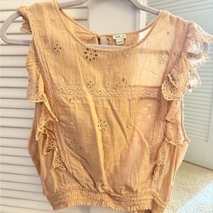 Aerie embroidered Peach Top with Ruffle Sleeves